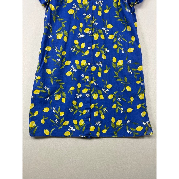 Fruit Core Lemon Print Women Blue Yellow Cotton Linen Button Front Shirt Dress - Picture 9 of 9
